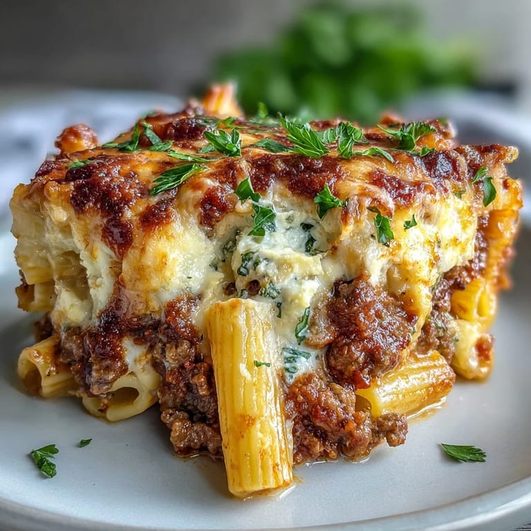 Golden Cottage Cheese Protein Pasta Bake with Ground Beef in a white dish, fresh parsley garnish, bubbling mozzarella.