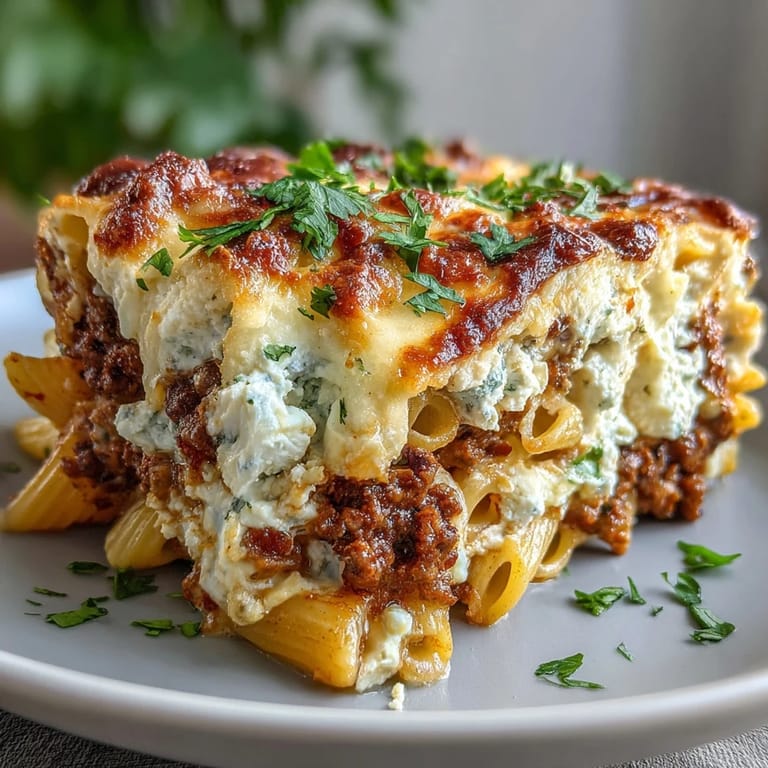 Bubbling Cottage Cheese Protein Pasta Bake with Ground Beef and golden cheese crust, ready to serve for dinner.