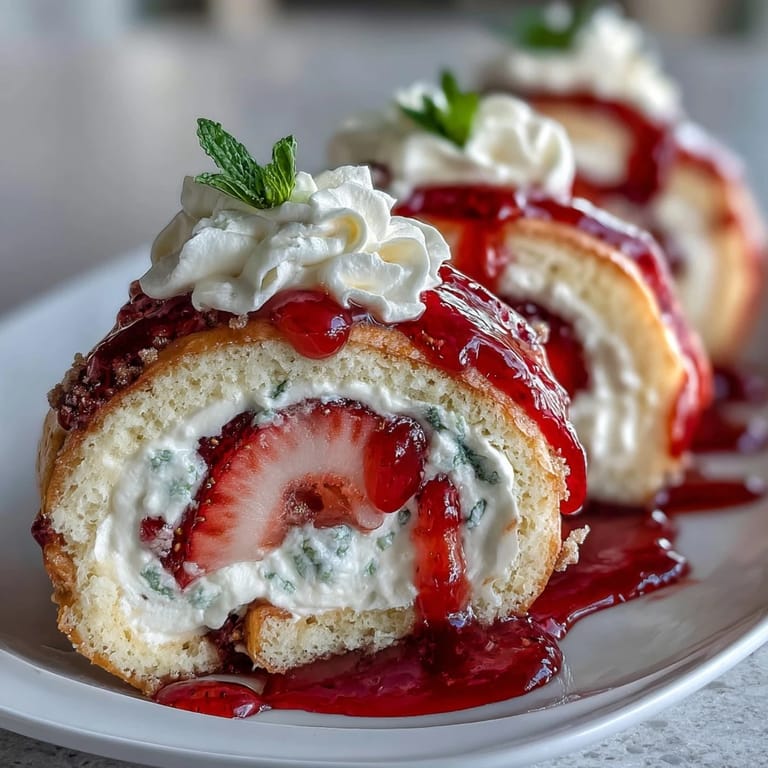 A close-up of a Strawberry Shortcake Sushi Roll cut into sushi-style rounds on a platter with mint garnish.