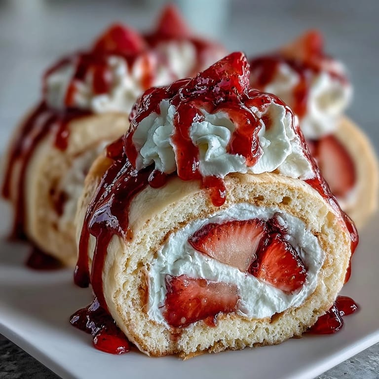 A plated Strawberry Shortcake Sushi Roll slice revealing juicy strawberry spirals and creamy layers, drizzled with white chocolate.