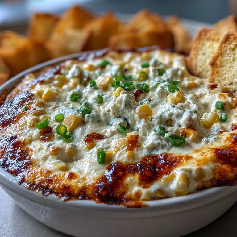 Close-up on the rich texture of Crack Corn Dip, showing sweet corn kernels and melted cheese, ready to enjoy warm or cold with chips.