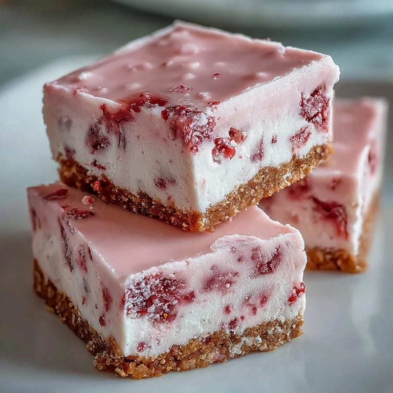 Served No-Bake Strawberry Fudge Squares with creamy white chocolate texture and a slice removed.