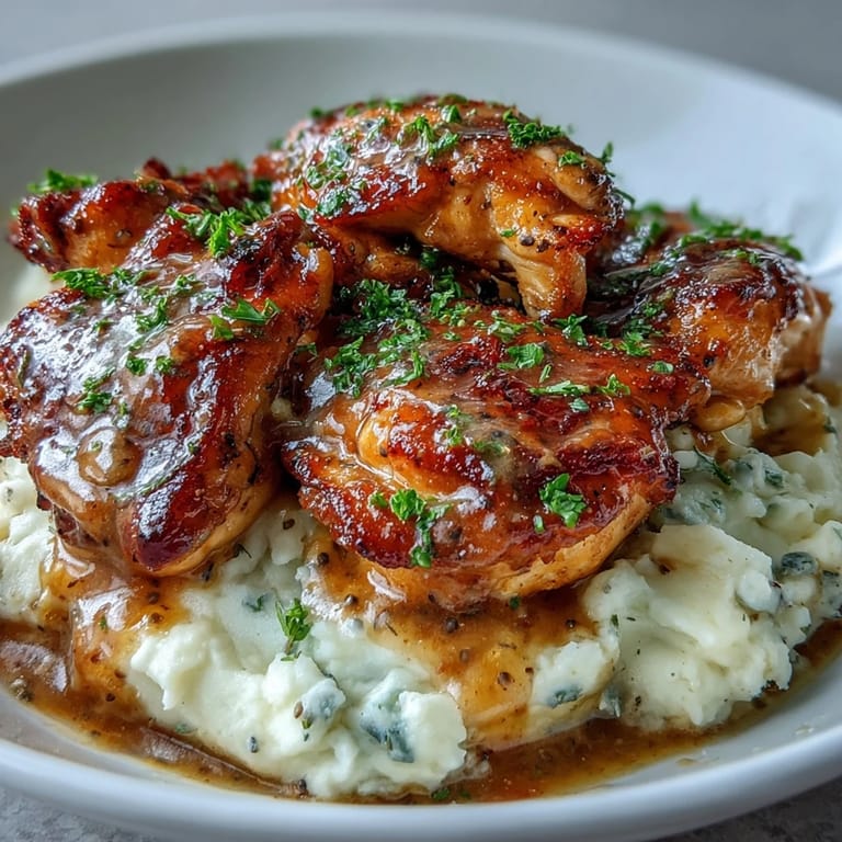 Glazed Slow Cooker Honey Mustard Chicken in a rich, golden sauce garnished with fresh thyme, ready to serve over fluffy rice.