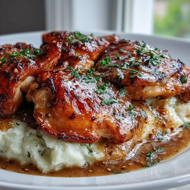 Tender shredded Slow Cooker Honey Mustard Chicken piled high, drizzled with extra sauce and paired with colorful roasted vegetables.