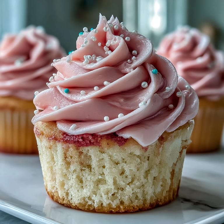 Delicate Pink Velvet Cupcakes topped with swirled Vanilla Buttercream Frosting, ready to be served at a festive gathering.