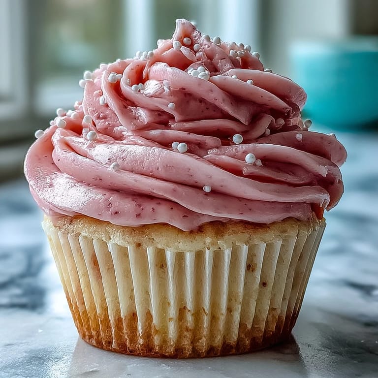 Moist and tender Pink Velvet Cupcakes garnished with a swirl of Vanilla Buttercream Frosting and colorful sprinkles.