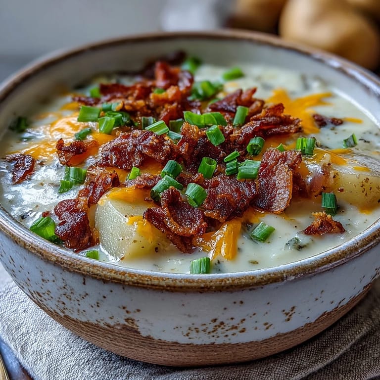 Hearty Loaded Potato Soup with velvety broth, loaded with potatoes and cheese, garnished with bacon and green onions for a comforting meal.
