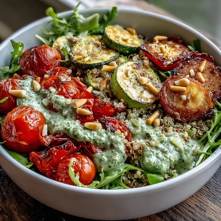 This vegetarian Arugula Pesto Bowl is topped with shaved Parmesan and golden pine nuts.