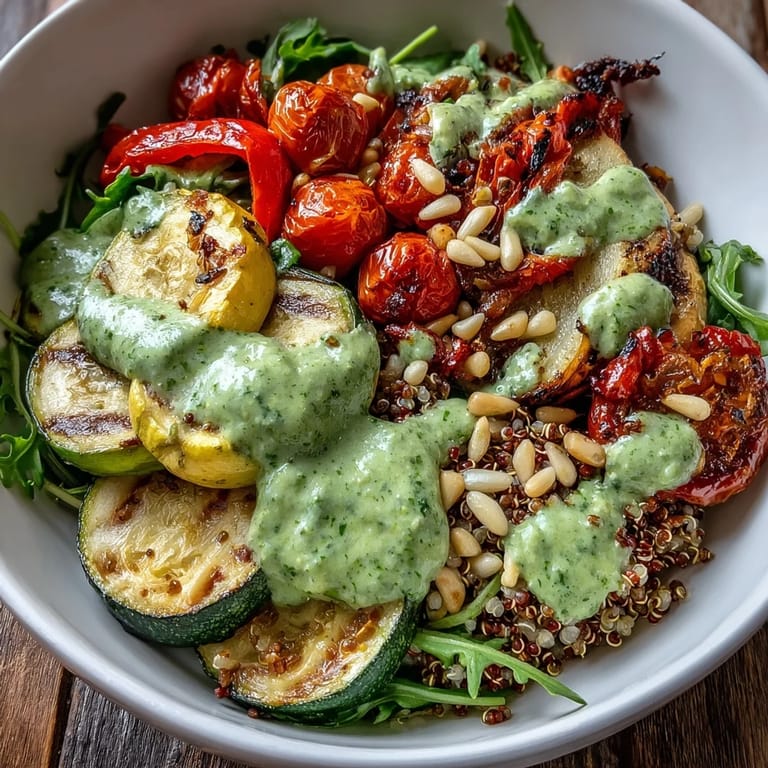 A hearty Arugula Pesto Bowl garnished with fresh arugula and lemon zest for brightness.