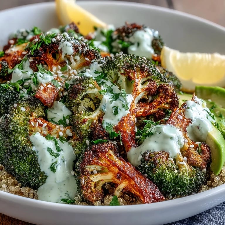 Crispy roasted broccoli and onions sit atop wholesome grains with a drizzle of creamy tahini sauce.