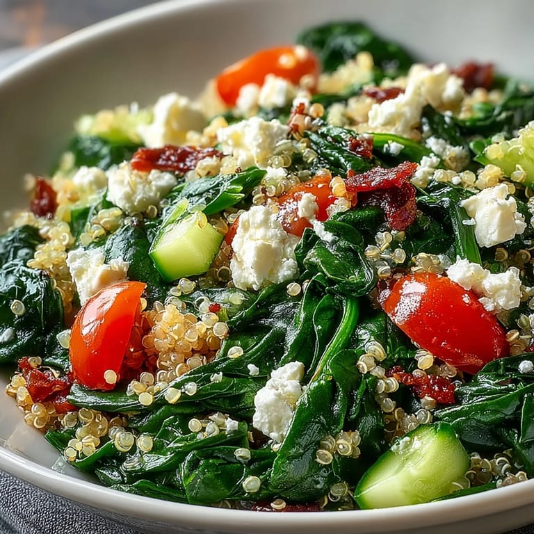 A close-up of the nutritious Spinach and Feta Grain Bowl highlights toasted pine nuts and vibrant vegetables, perfect for a light Mediterranean lunch.