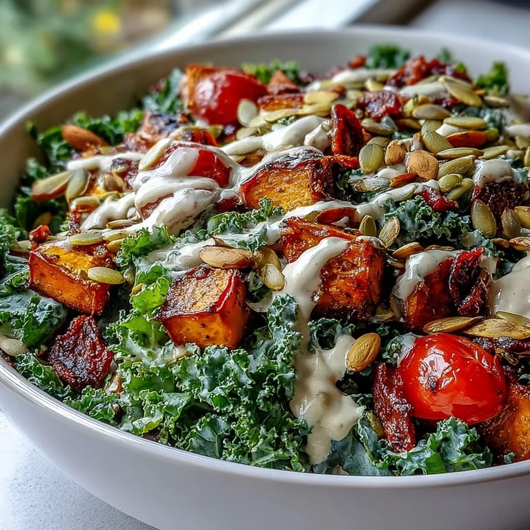 A hearty Kale Salad Bowl with golden roasted vegetables, sunflower seeds and pumpkin seeds for crunch.