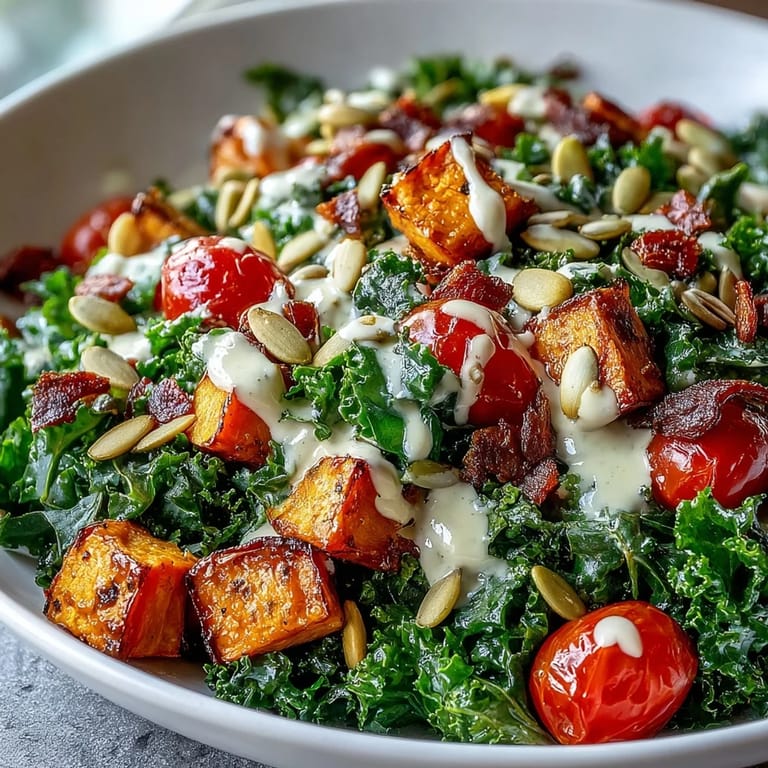 Creamy tahini dressing over massaged kale, crunchy almonds and seeds in a nourishing vegan bowl.