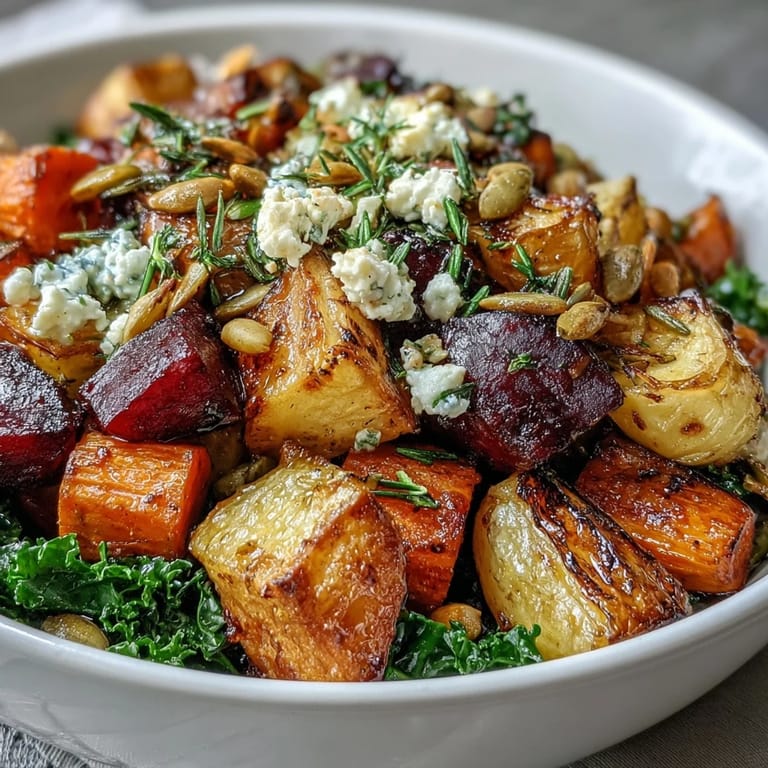 Gluten-free Winter Root Vegetable Bowl served with feta and a vibrant kale base.
