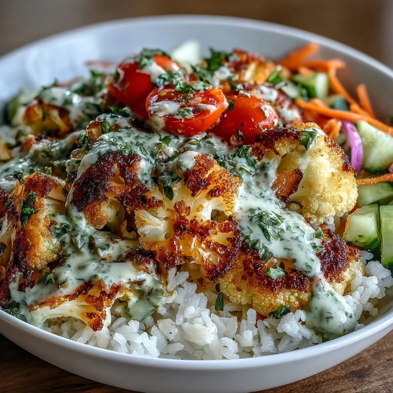 A fully assembled Roasted Cauliflower Bowl features fresh veggies and a drizzle of creamy tahini sauce. 