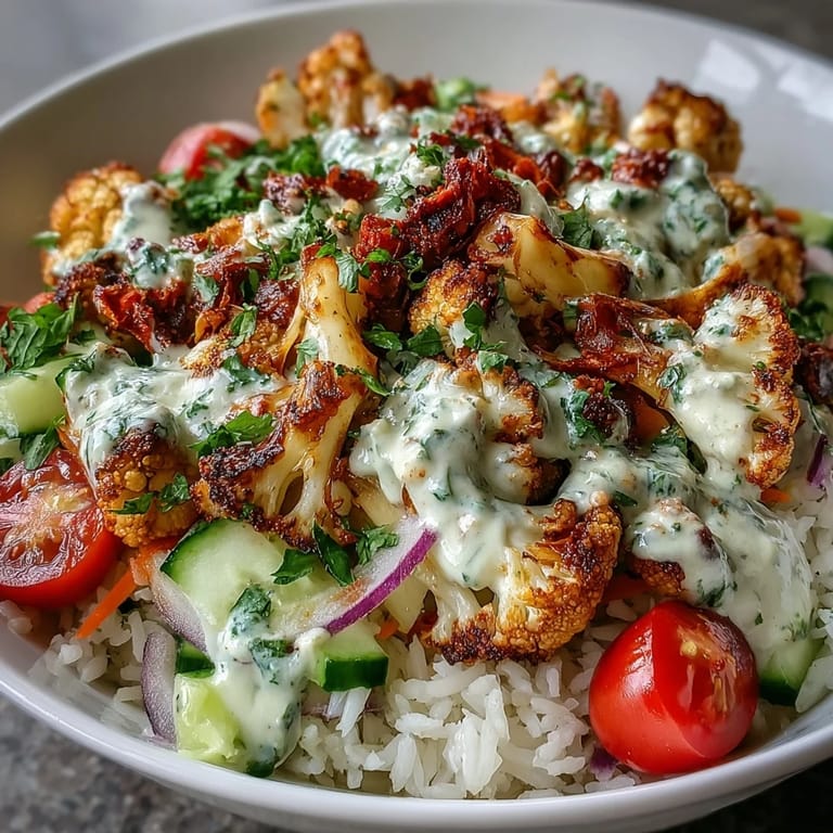Overhead view of a vibrant Roasted Cauliflower Bowl with spinach, tomatoes, and carrots ready to eat.