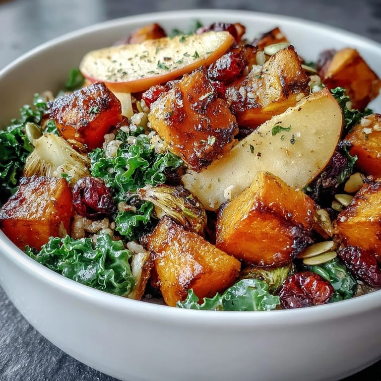 A hearty Fall Vegetable Bowl features kale, caramelized apples, and farro, served with cranberries for a festive touch.