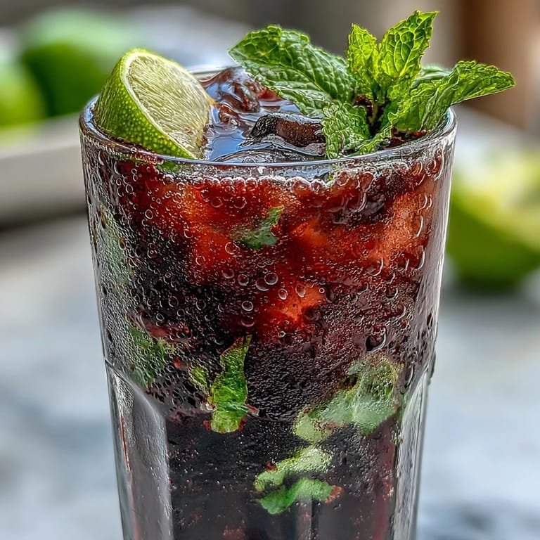 Close-up of Tangy Blackcurrant Mojito ingredients: muddled mint, lime wedges, ice cubes, and homemade blackcurrant syrup.