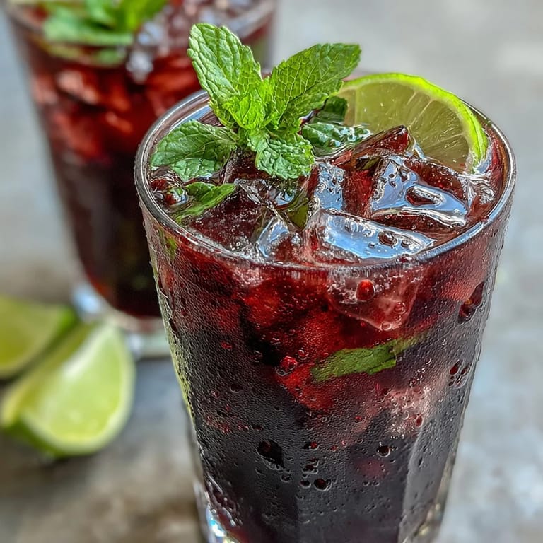 Vibrant Tangy Blackcurrant Mojito served over ice with soda water, mint sprigs, and fresh blackcurrants on top.