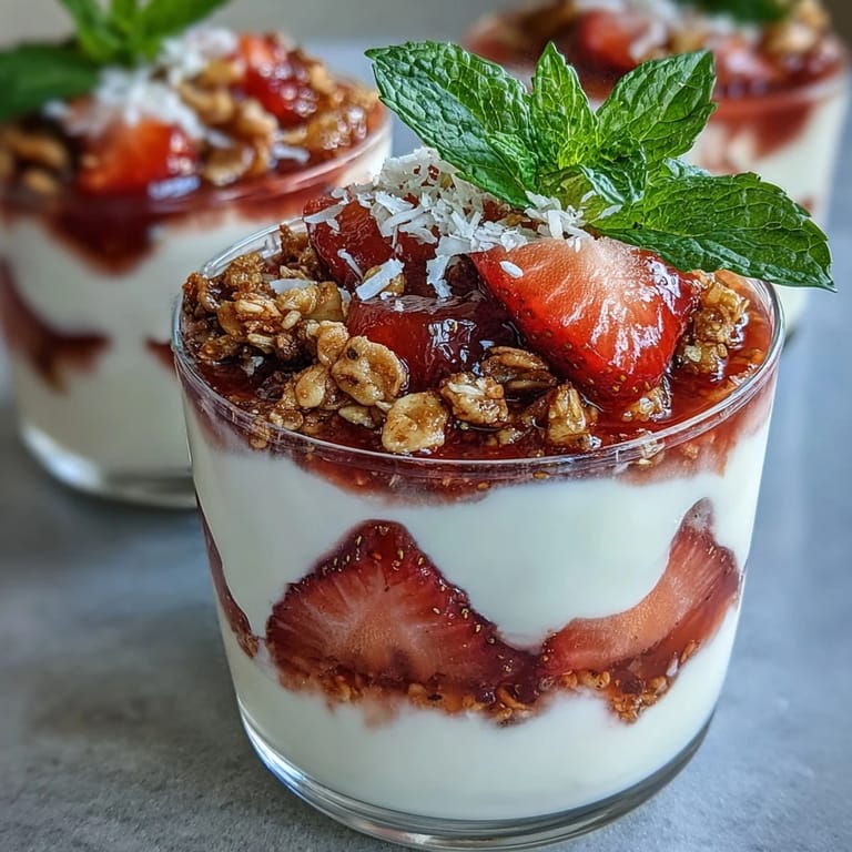 Overhead view of a homemade guava yogurt parfait with fresh fruit and granola, ideal for a healthy breakfast or dessert.