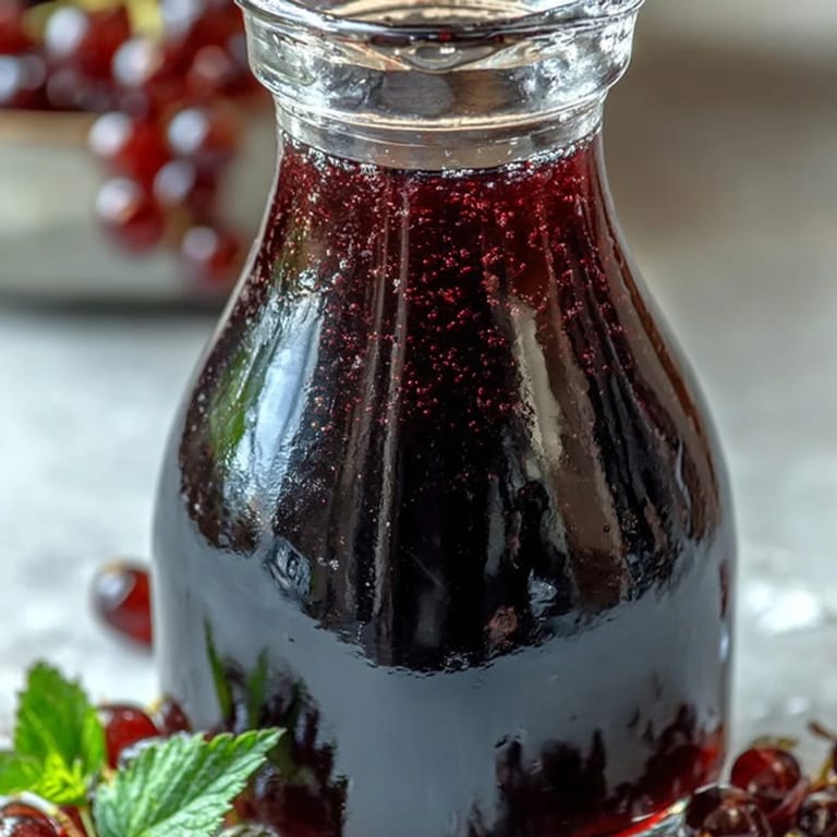 Deep purple Blackcurrant Vodka Liqueur in a glass decanter, surrounded by fresh blackcurrants and cocktail garnishes.