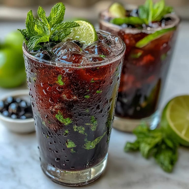 Frosted highball glass holding a homemade Black Currant Mojito with a mint sprig garnish on top.