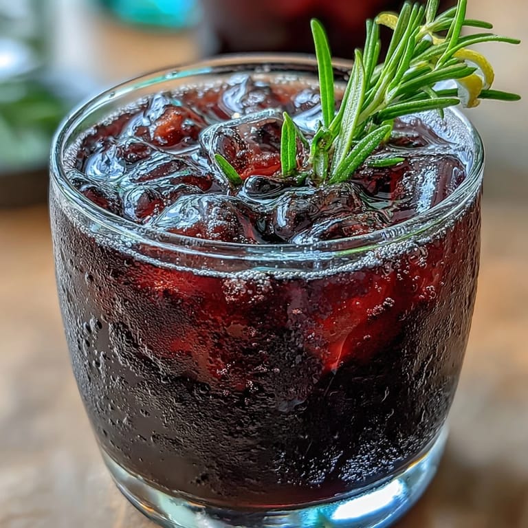 Barrel-aged bourbon blends with black currant liqueur in this aromatic Black Currant Rosemary Cocktail, served chilling over clear ice cubes.