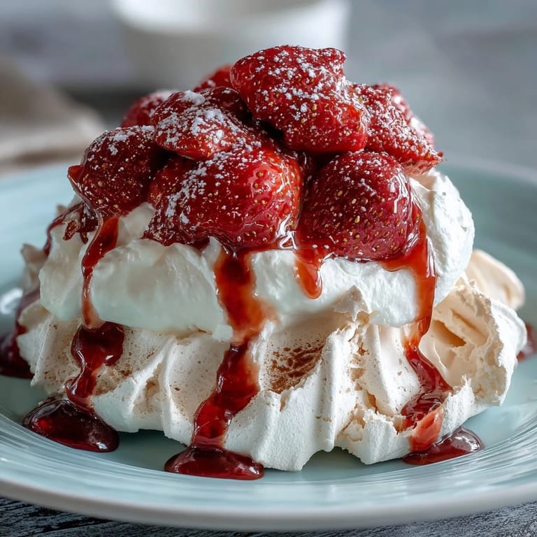 Elegant strawberry pavlova dessert featuring golden-brown meringue, billowy whipped cream, and vibrant red strawberries for a showstopping gluten-free treat.