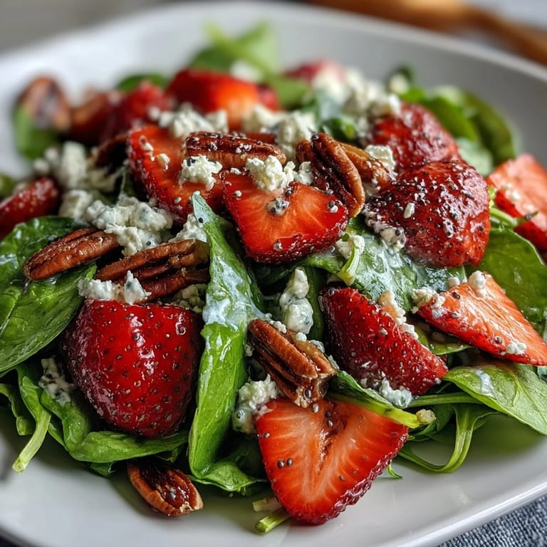 A collection of ingredients for strawberry spinach salad, including poppy seeds and olive oil.