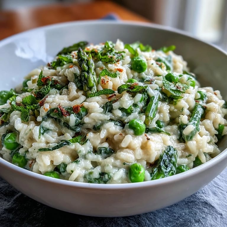 Velvety pea and mint risotto, infused with white wine and lemon zest, garnished with Parmesan for a gourmet vegetarian dinner.