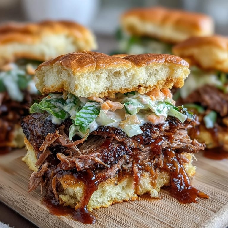 Warm slider buns stacked with juicy brisket, drizzled in rich BBQ sauce, and finished with refreshing slaw for easy sharing.