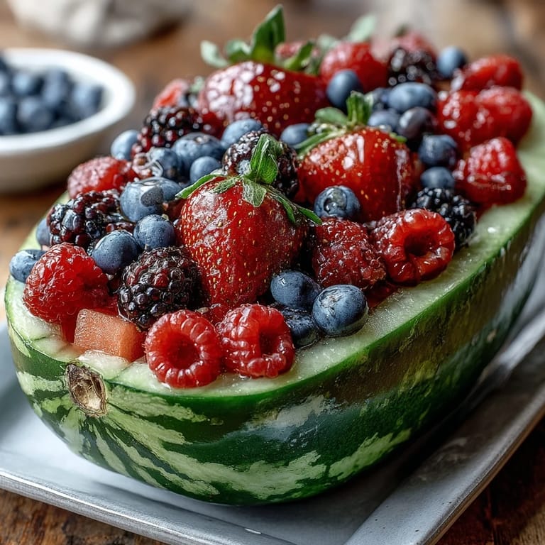 A stunning watermelon carving board filled with juicy berries, fresh mint, and optional tropical fruits, ideal for a healthy appetizer or dessert.