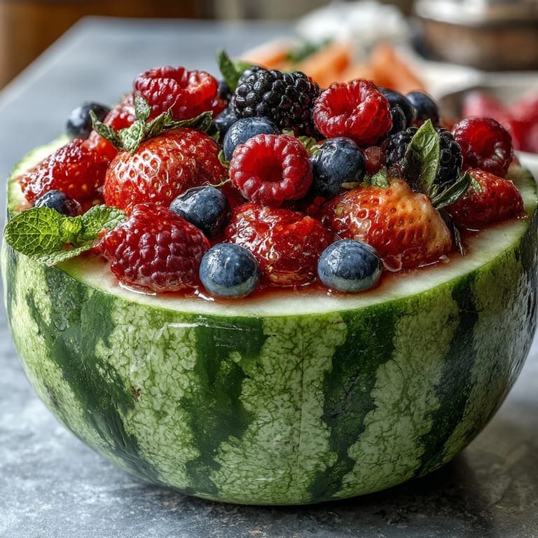 Beautiful watermelon carving board with berries and mint, artfully arranged for a colorful and delicious centerpiece at any celebration.