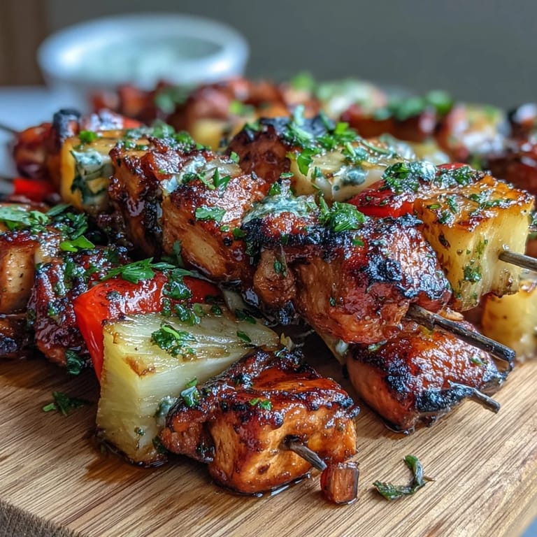 Vibrant skewers of grilled chicken and pineapple chunks, infused with smoky-sweet marinade, served hot off the grill.  