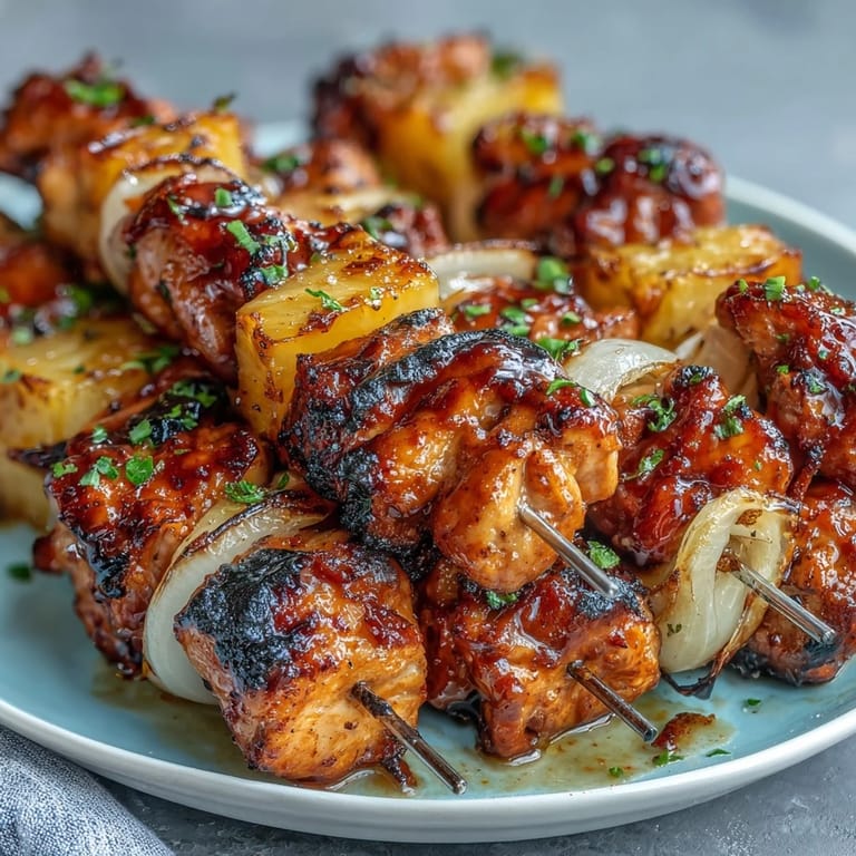 Colorful chicken and pineapple skewers sizzling on the grill, offering a tropical twist to your backyard cookout.