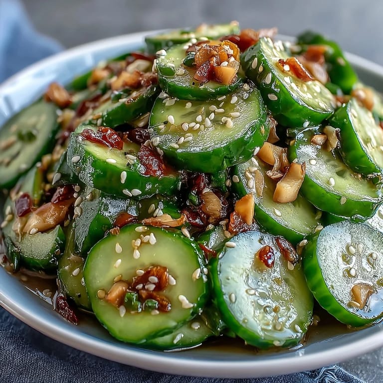 Thinly sliced cucumbers tossed in tangy sesame-rice vinegar dressing, garnished with green onions and a sprinkle of sesame seeds.