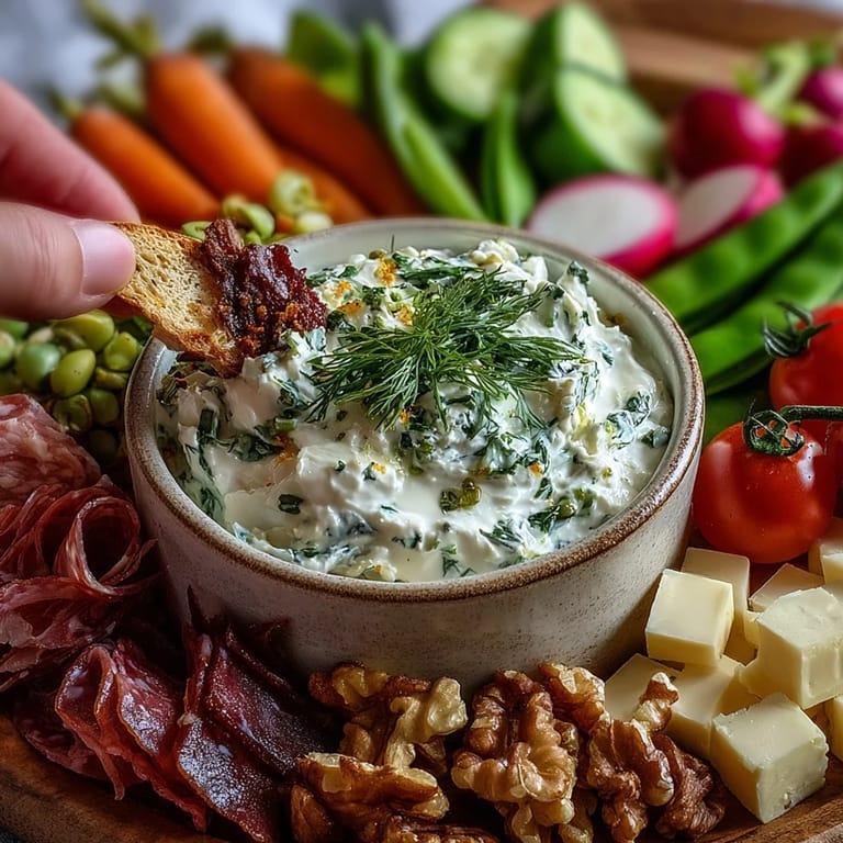 Colorful spring charcuterie board with radishes, peas, herb dip, meats, and cheeses—ideal for outdoor entertaining.