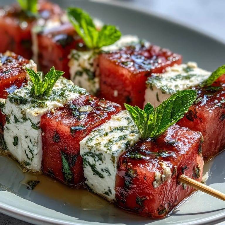 Easy Watermelon Feta Mint Skewers: delightful party snack featuring crisp watermelon, savory feta, and bright mint leaves.
