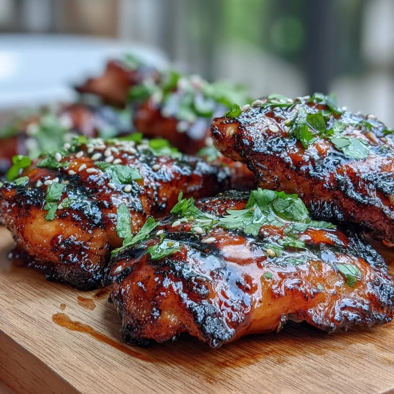 Spicy-sweet grilled chicken thighs marinated in honey sriracha sauce, served with fresh cilantro.  