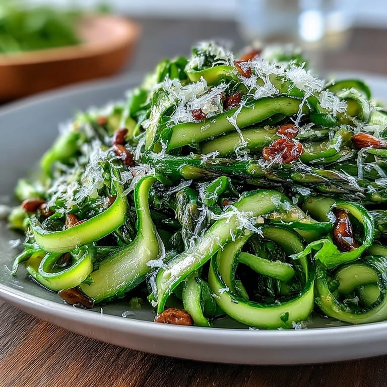 Elegant shaved asparagus salad, tossed in lemon dressing and garnished with Parmesan shavings for a refreshing spring appetizer.