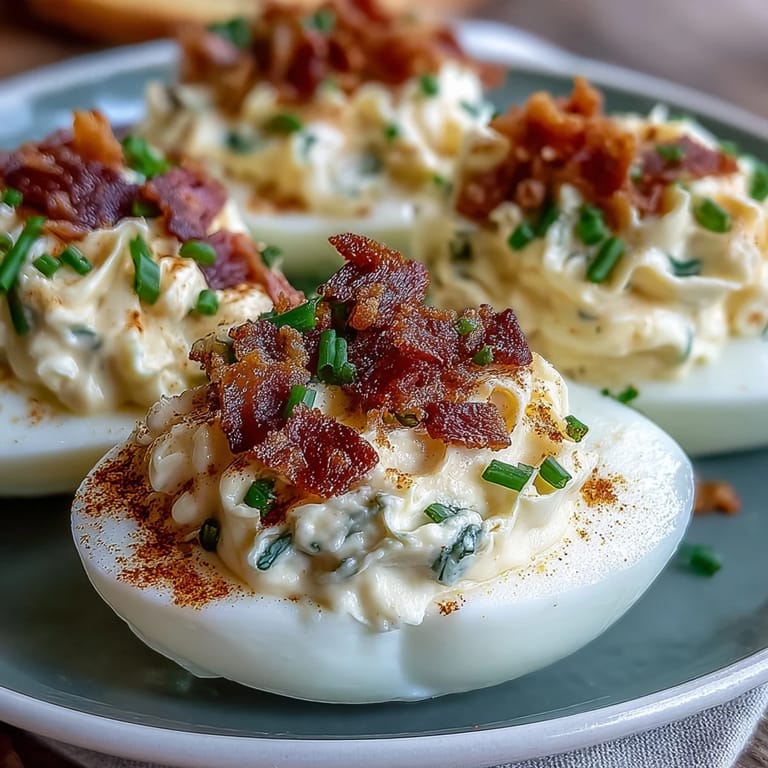 Creamy deviled eggs stuffed with bacon and ranch, topped with chives and paprika—an irresistible finger food for any gathering.