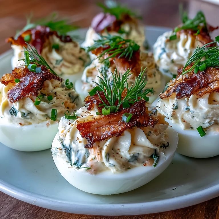 Elegant smoked salmon deviled eggs with everything bagel seasoning, ideal for gatherings or special events.