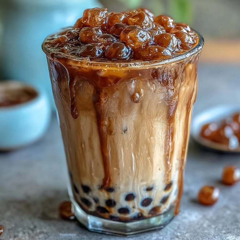 Refreshing homemade brown sugar boba milk tea with marbled syrup swirls and plump tapioca pearls.  
