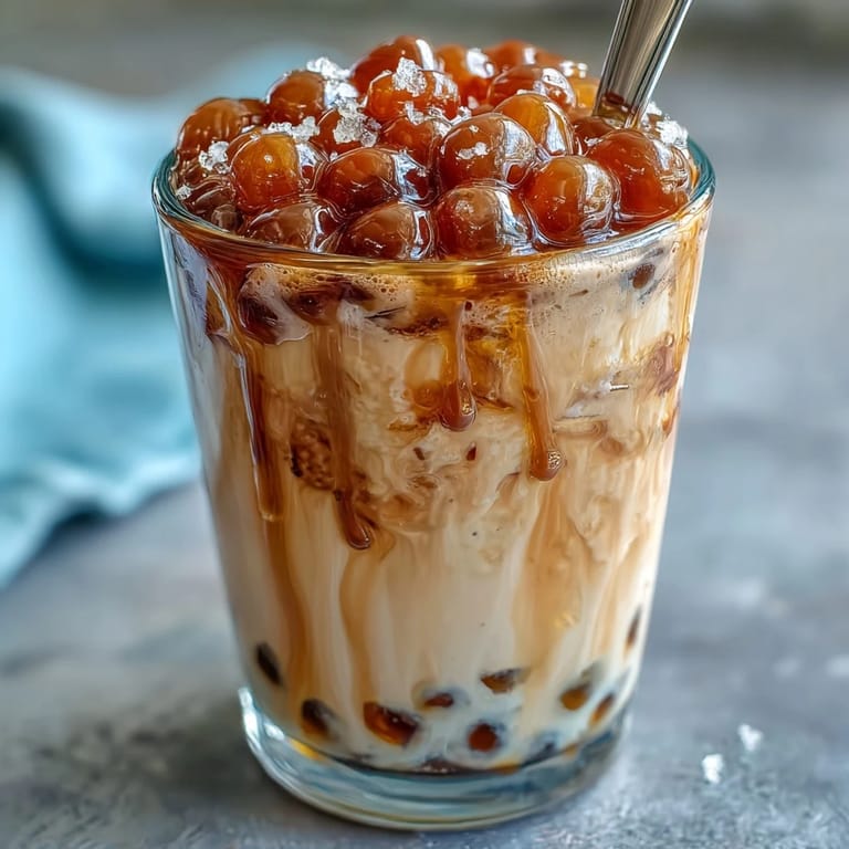 Sweet and creamy brown sugar boba milk tea with chewy pearls, served over ice in a tall glass.