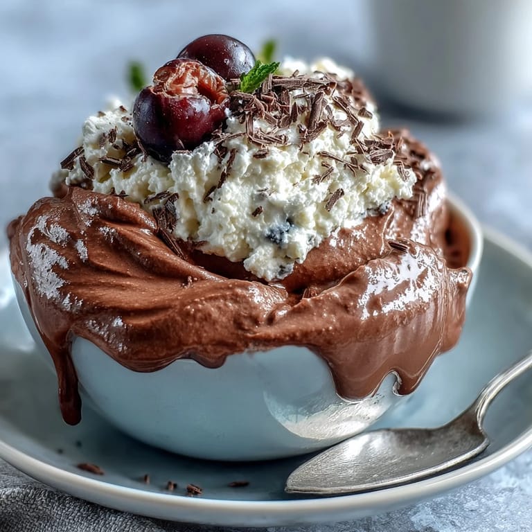 High-protein chocolate mousse made from blended cottage cheese, offering a silky texture and deep cocoa flavor in every spoonful.
