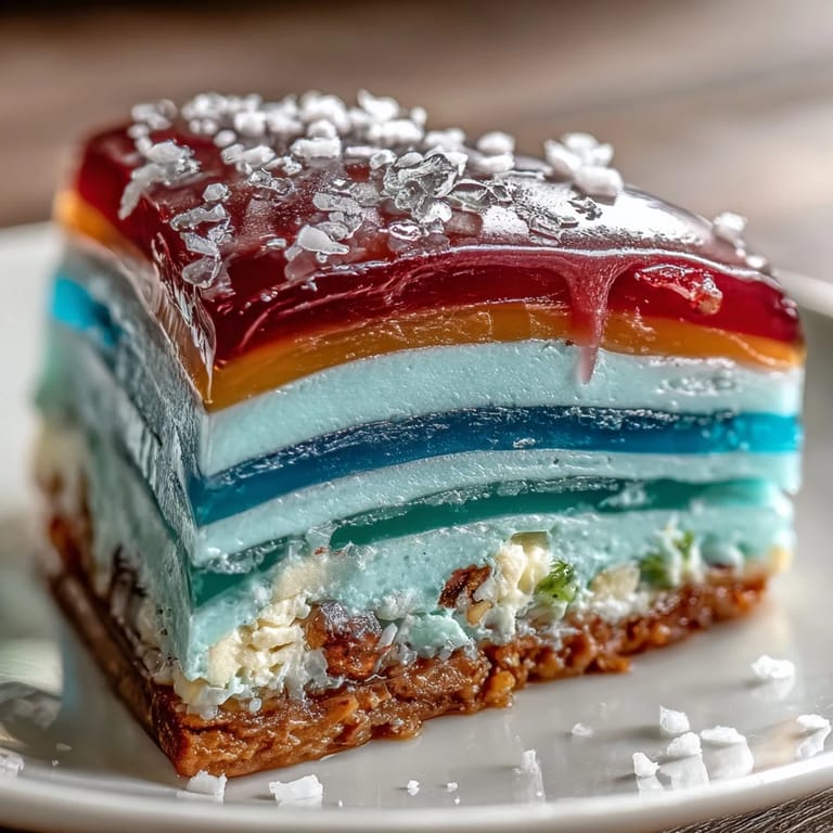 Slice into this layered rainbow jelly cake, topped with velvety coconut cream.