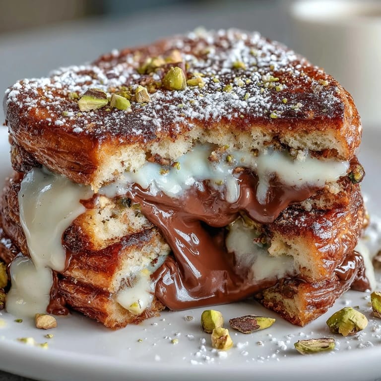 Luxurious Dubai Chocolate Pistachio Croissant French Toast with a crunchy pistachio topping.