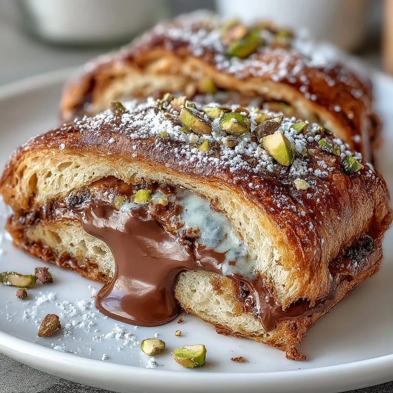 Decadent, fluffy Dubai Chocolate Pistachio Croissant French Toast, perfect for a special weekend brunch.
