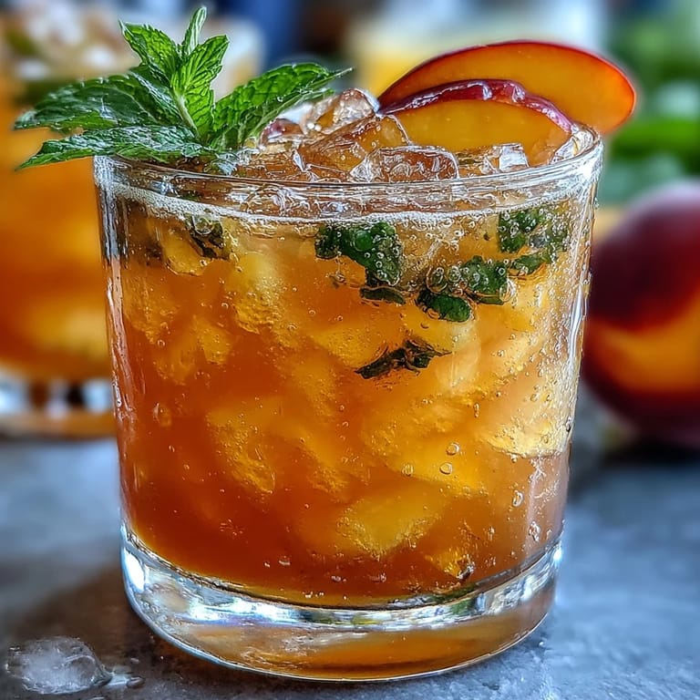 Refreshing copycat Iced Peach Green Tea Lemonade with peach slices and ice.