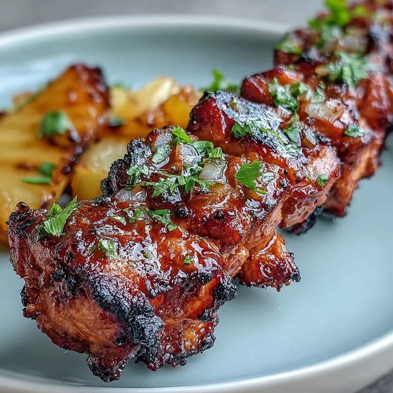 Smoky al pastor chicken skewers with sweet pineapple, grilled to perfection.